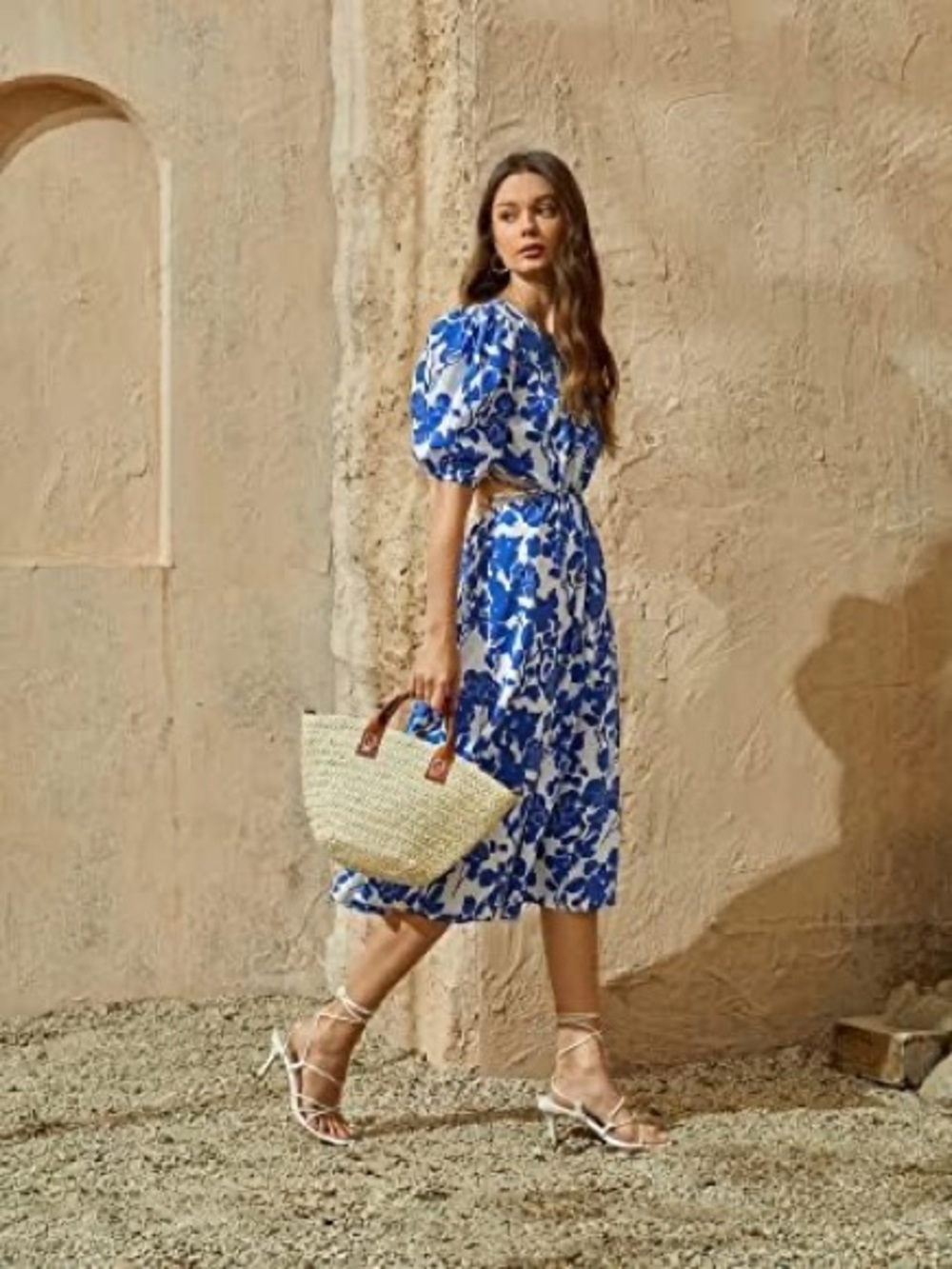 SHEIN Blue & White Floral Midi Dress with Puff Sleeves